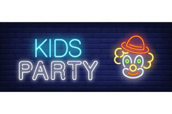 Download Kids Party Neon Text with Clown Head in - Text Collection