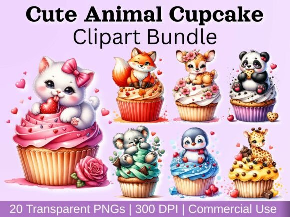 Download Cute Animal Cupcake Clipart Bundle - Animal Collection