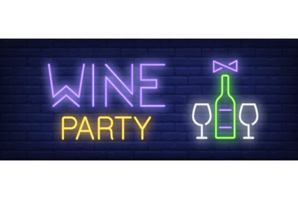 Download Wine Party Neon Text with Bottle, Glasse - Text Collection